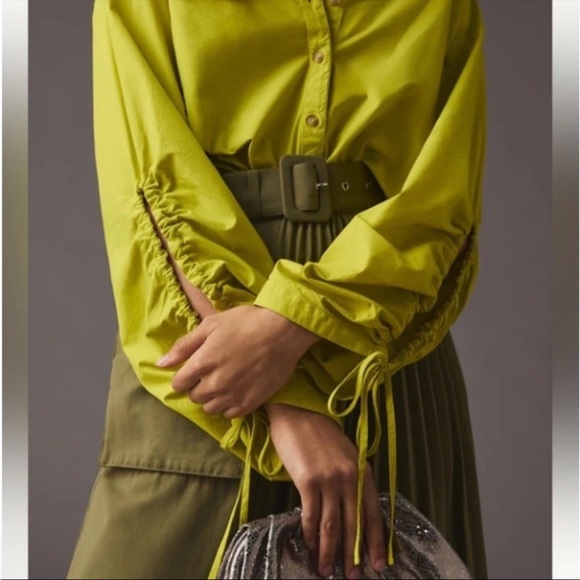 Anthropologie Pilcro Drawstring Poplin Blouse Button Down Chartreuse Size Medium - Picture 2 of 10
